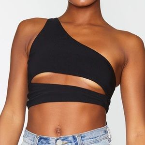 SOLD - prettylittlething black one shoulder cut out crop top